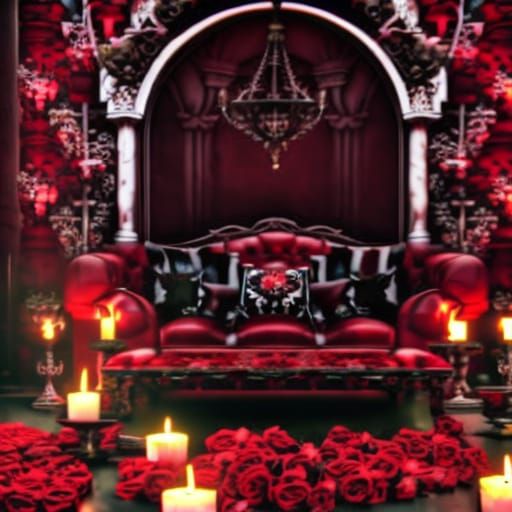 Crimson gothic living room with lots of roses and lots of ro...