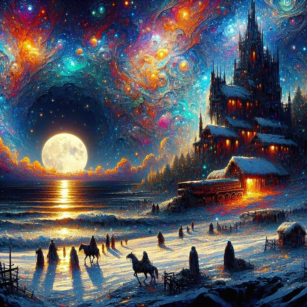 Terrified Villagers Under Galactic Moonlit Sky