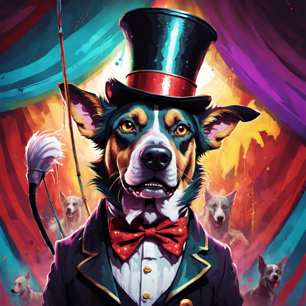 Demonic Ringmaster Dog in Glitch Portrait Style