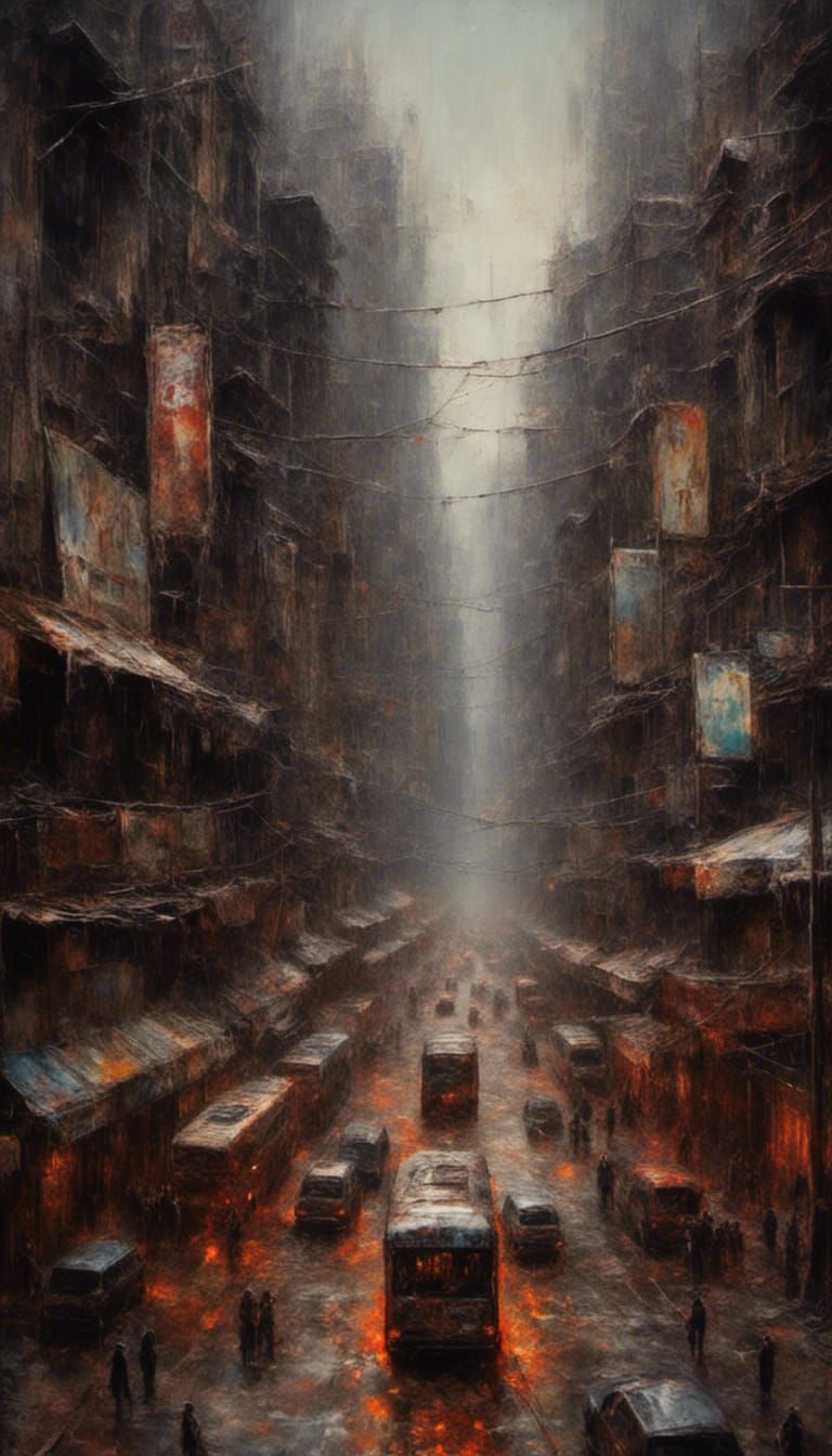 Oppressive Neon Cityscape as Oil Painting