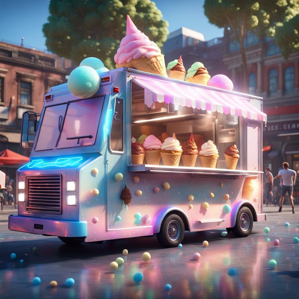 Floating Food Truck with Holographic Ice Cream Cone