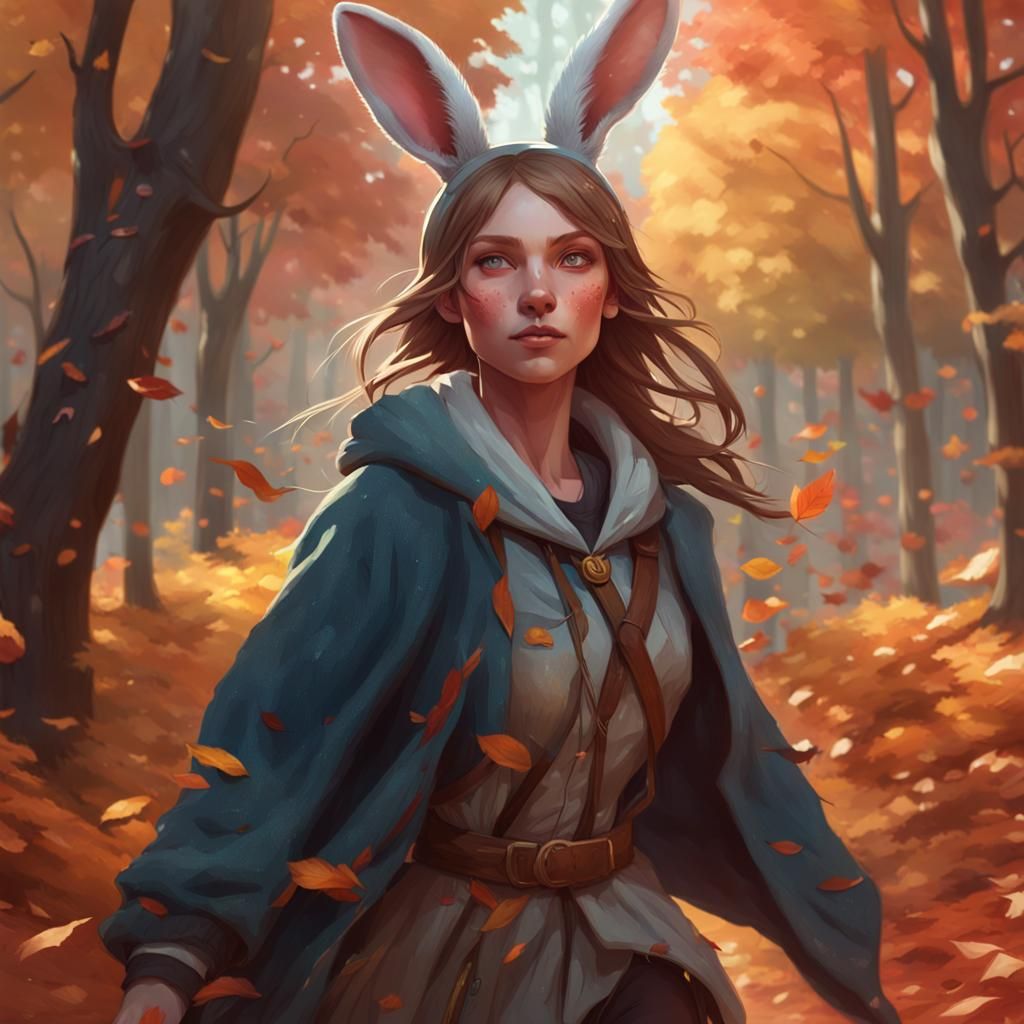 Rabbit Girl Runs Through Autumn Forest, Detailed Portrait