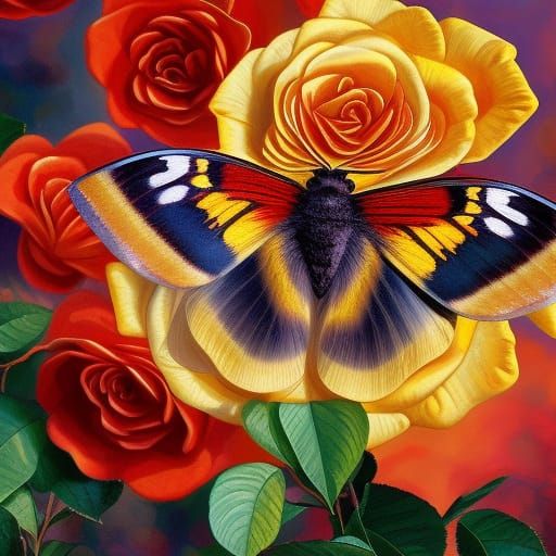 Moth on Rose in Maximalist Gouache Style