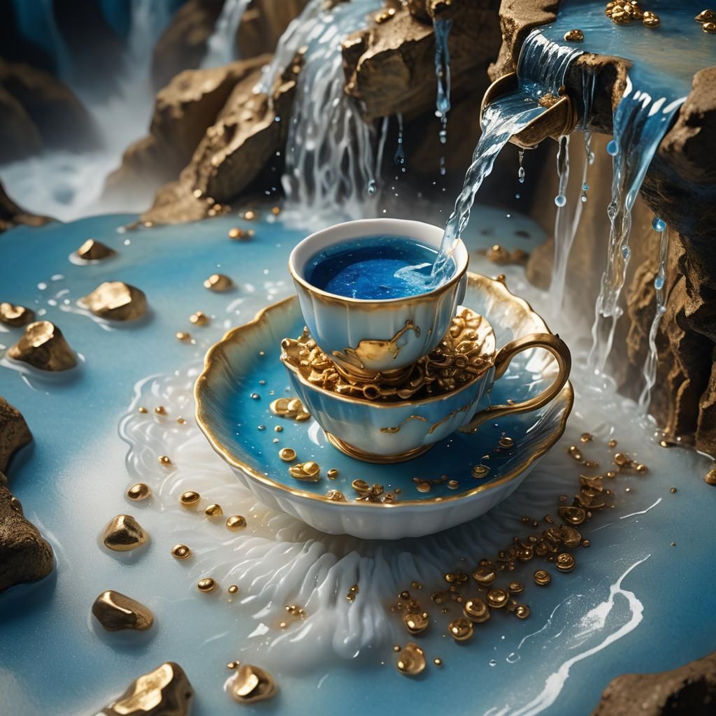 Miniature Surreal Waterfall Cascading into Teacup