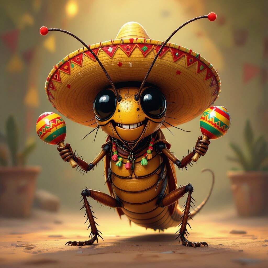 Cockroach Musician in Mexican Hat Shakes Maracas