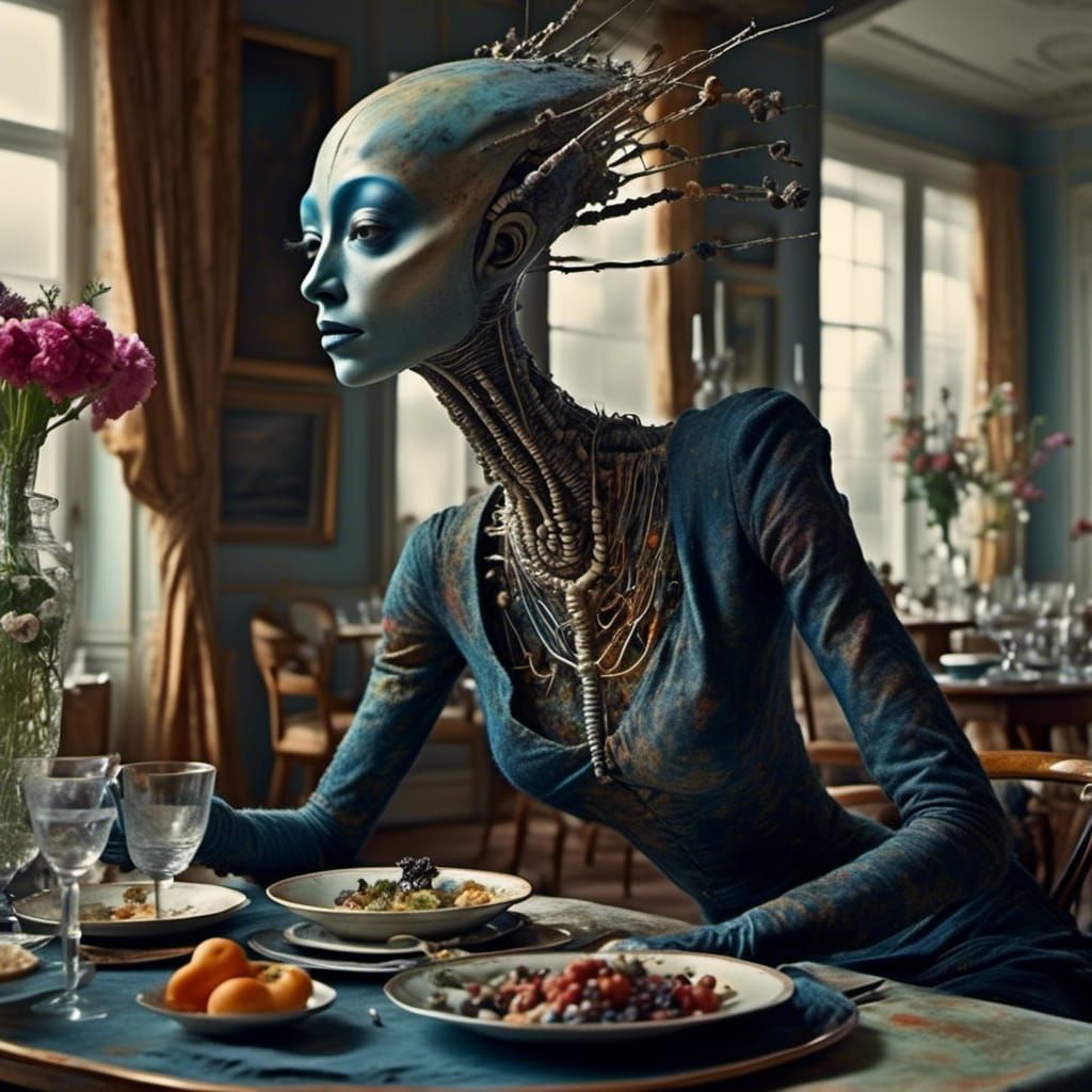 Alien at Polychromatic Table: Abstract Matte Painting