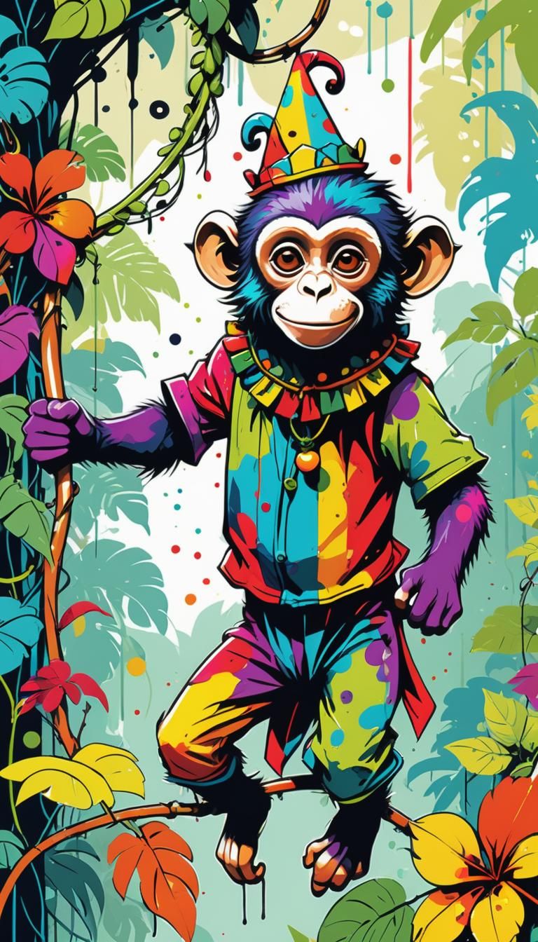 A curious young monkey dressed in a colorful jester’s outfit, swinging joyfully from a vine at the edge of a mystical ju...