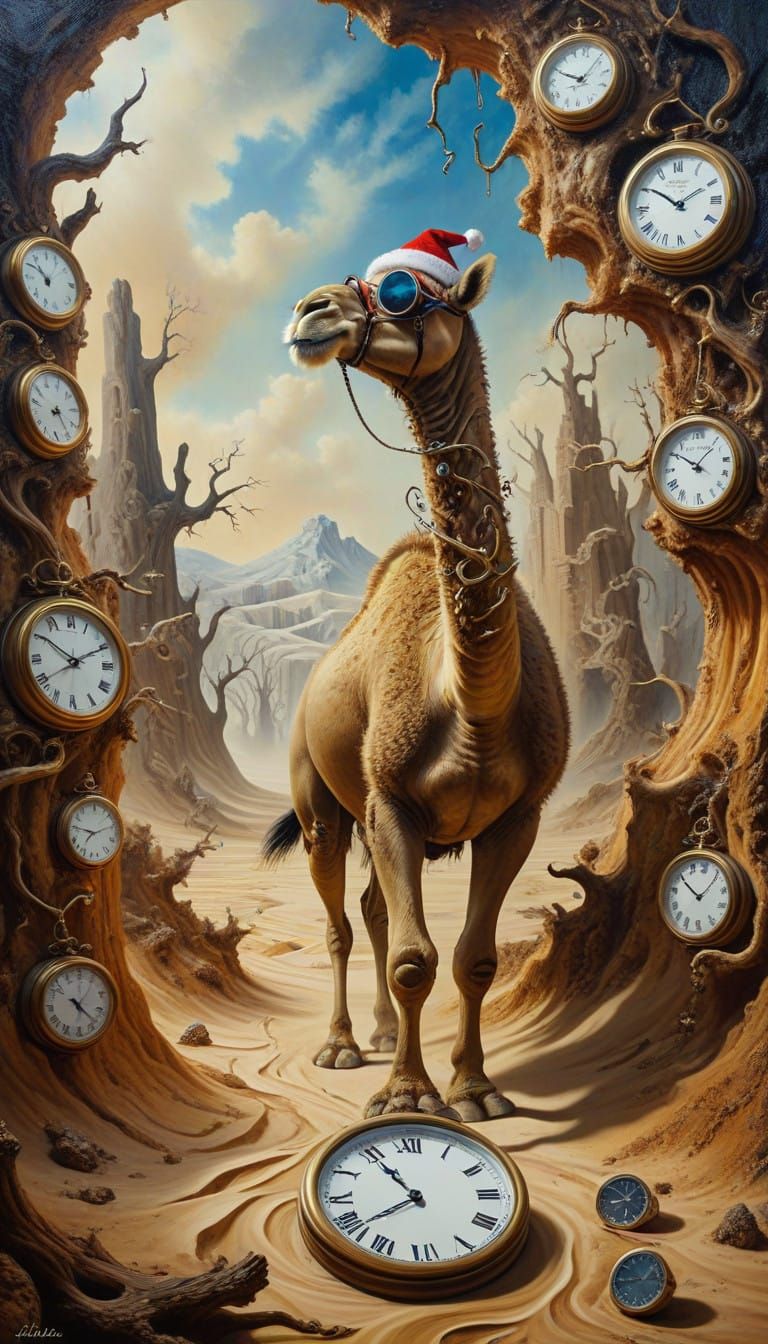 Surrealist Camel Strides Through Dreamlike Desert Maze