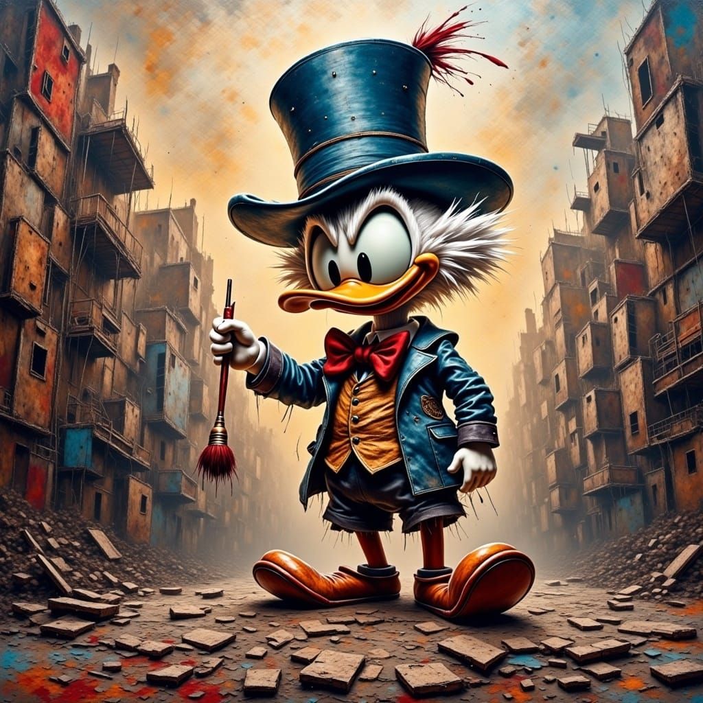 Donald Duck in Tattered Regalia, Amidst a Dystopian Metropol...