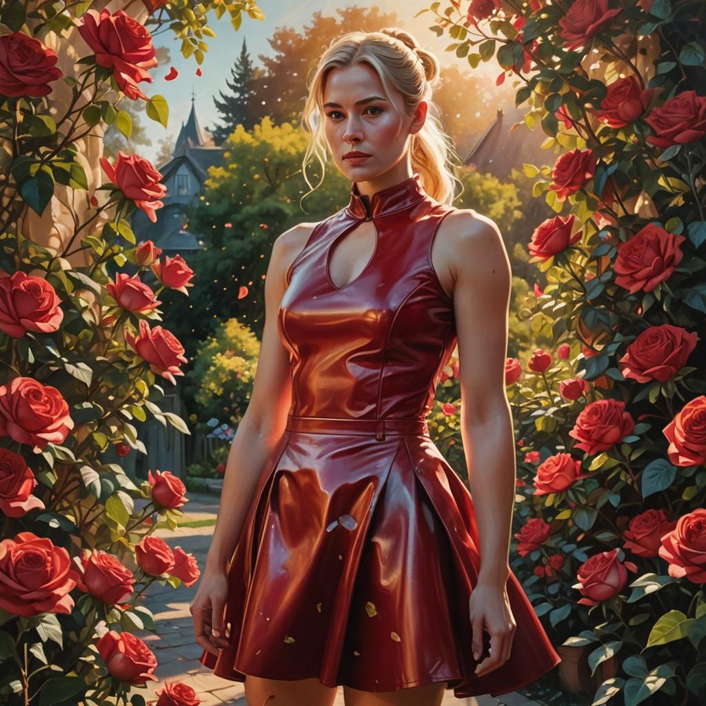Blonde Woman in Red Leather Dress, Oil Painting