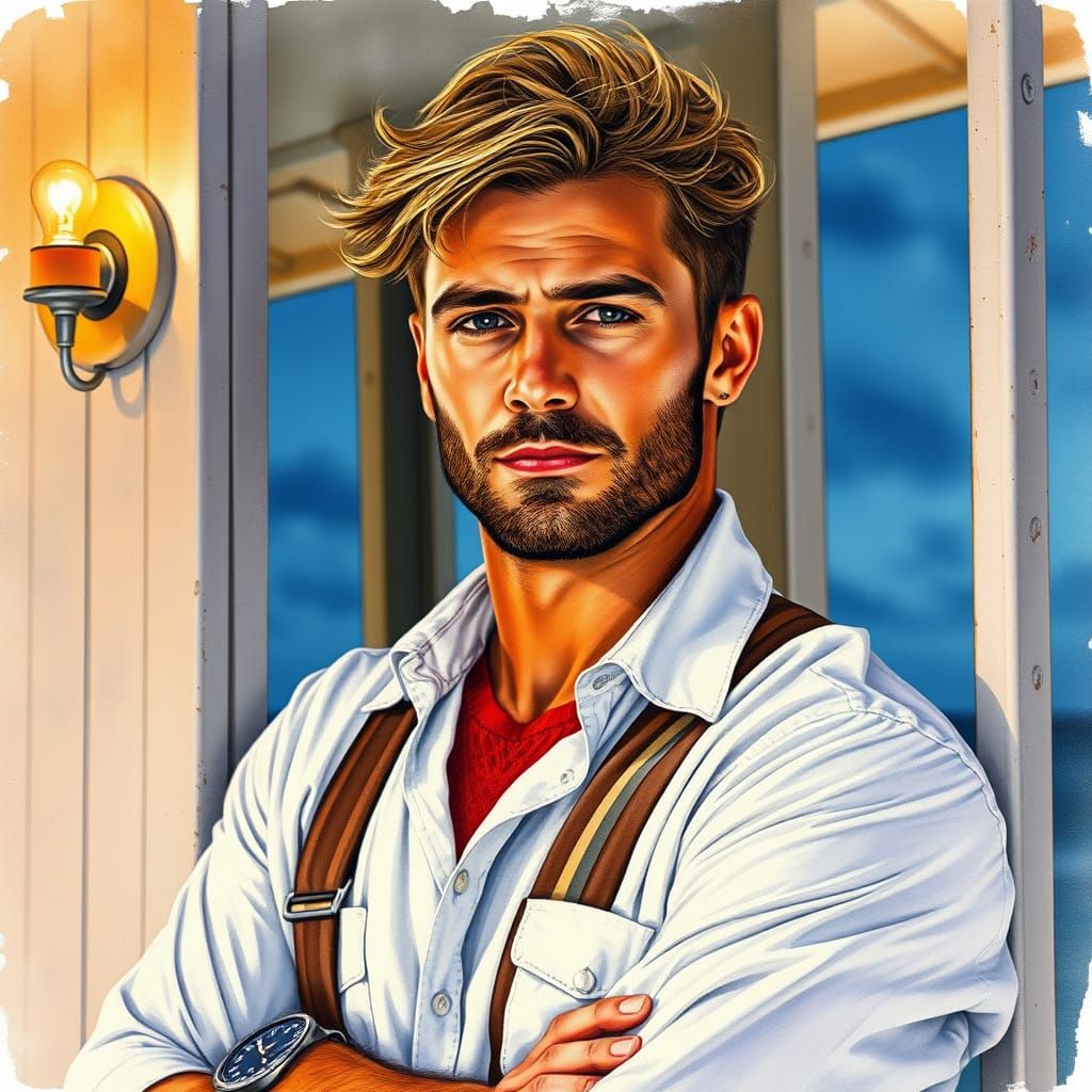 Watercolor Lifeguard at Night in Amber Light