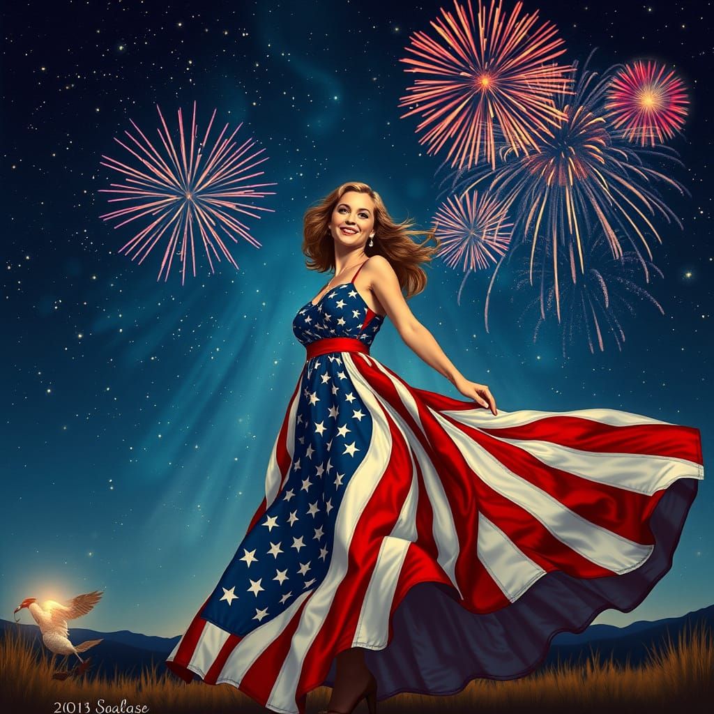 Patriotic Woman in Starry Fireworks Landscape