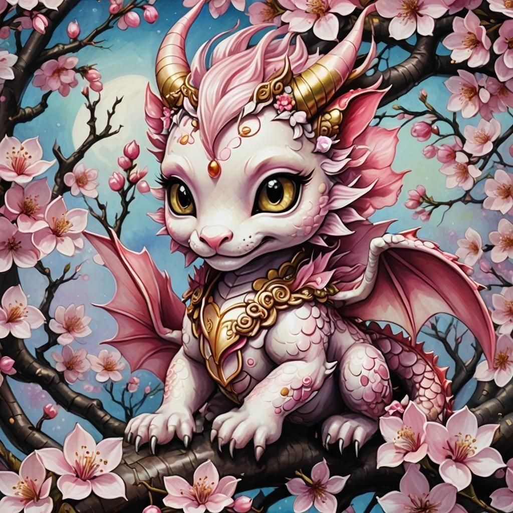 Cute chibi cherry blossom dragon, style of jasmine becket-Gr...
