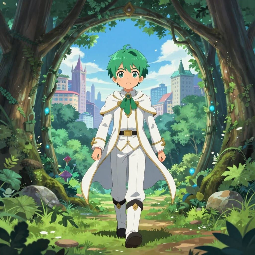 Young Boy in White Noble Attire Enters Magic Portal
