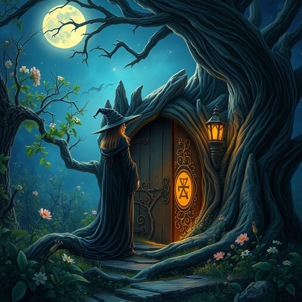 Mystical Witch Stands at Wooden Door in Tree, Bathed in Moon...