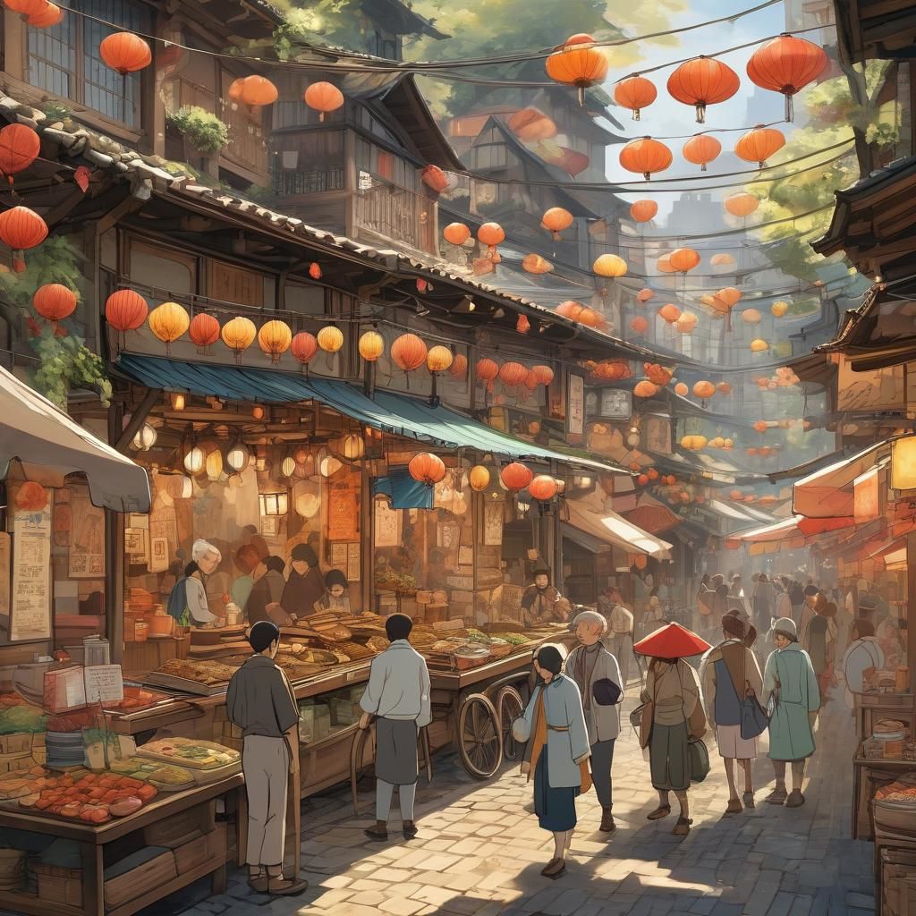 Lively Anime Street Food Market in Watercolor Style