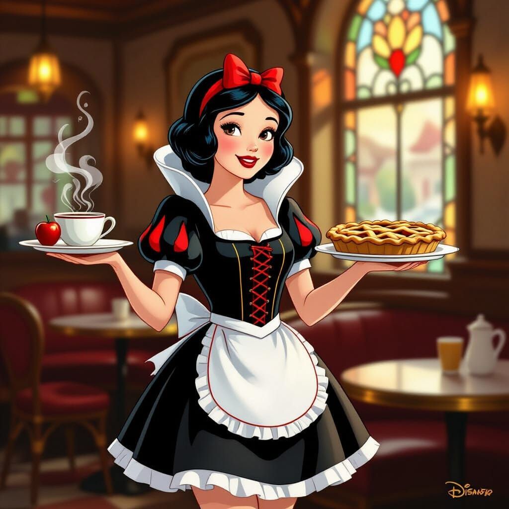 Snow White as Waitress in Cozy Cafe