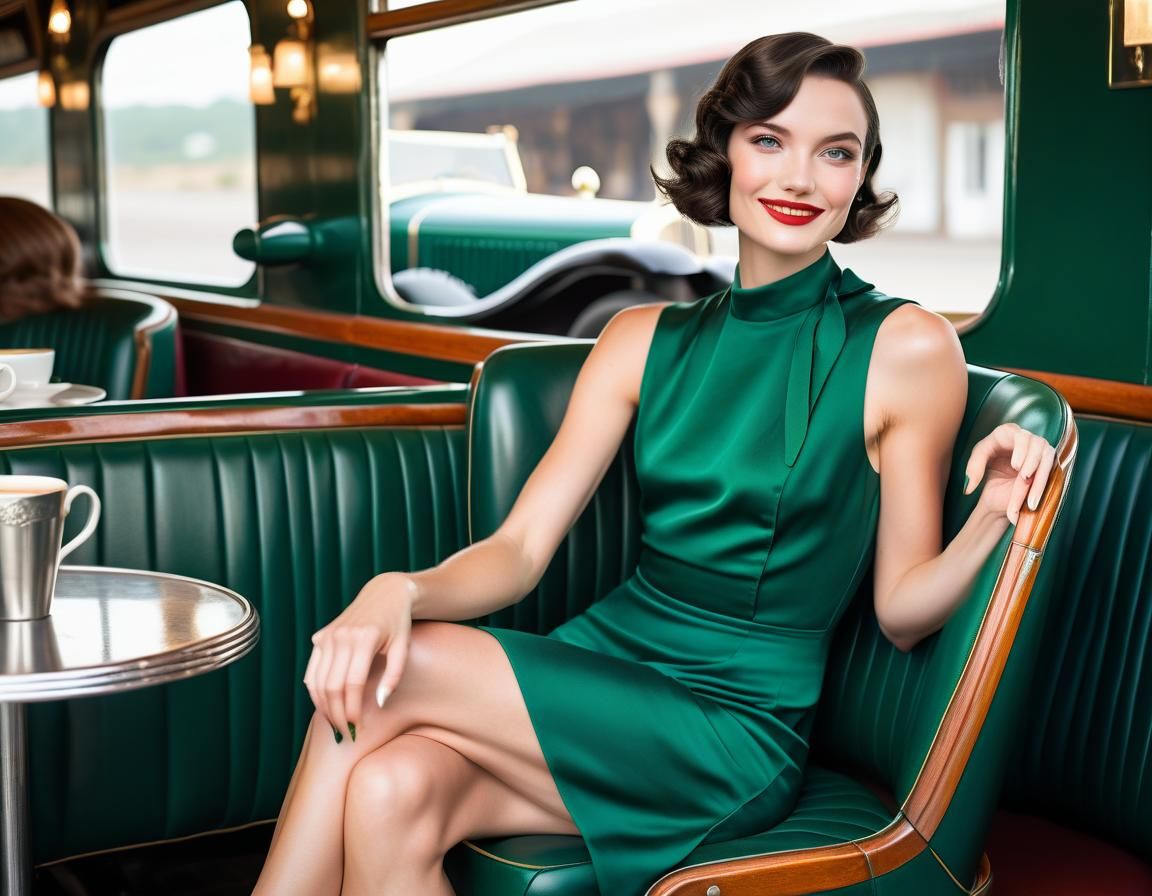 Elegant Woman with Teal Eyes and Vintage Car