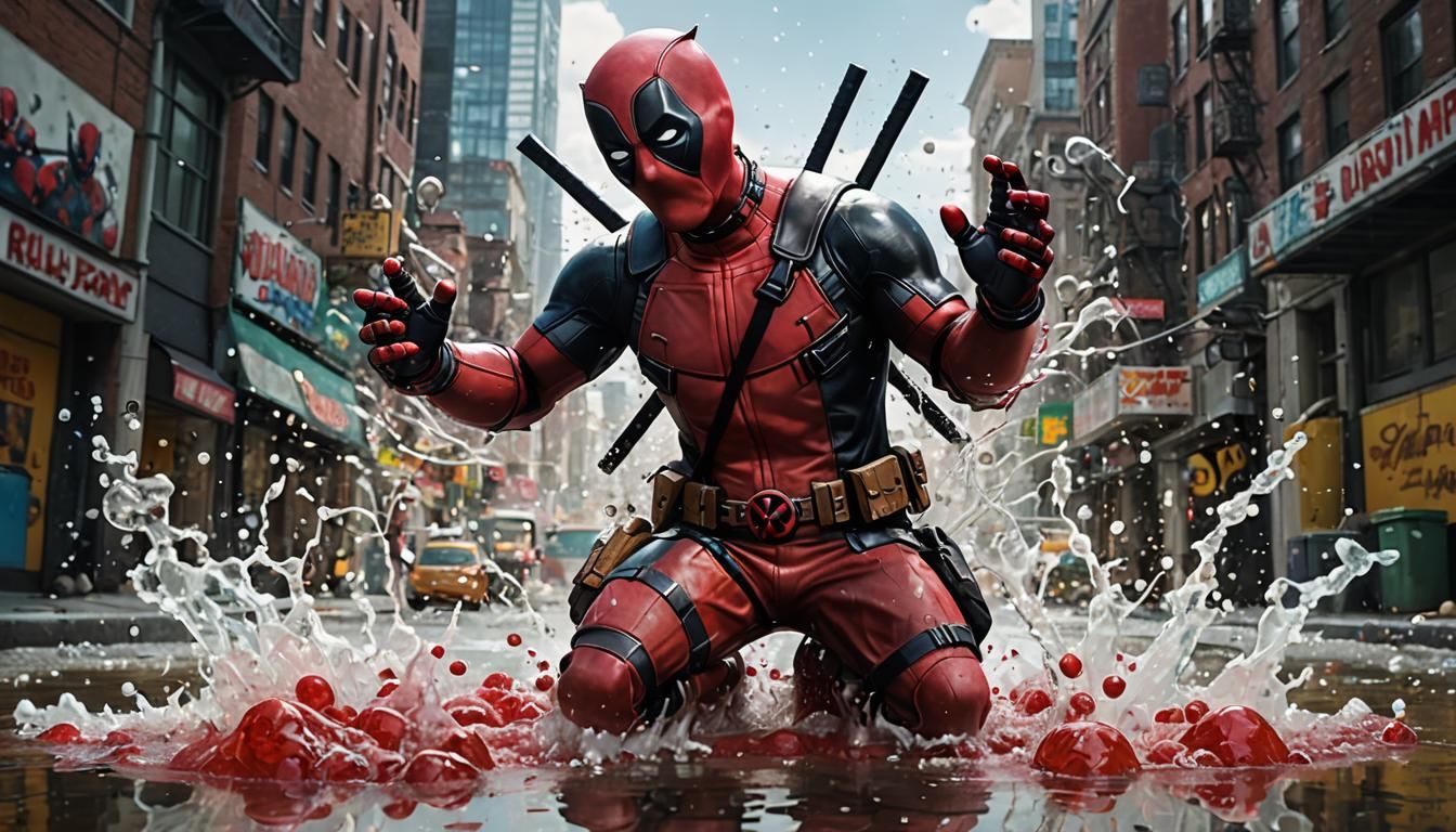 Deadpool Ant in Hyperrealistic Liquid Watercolor Splash