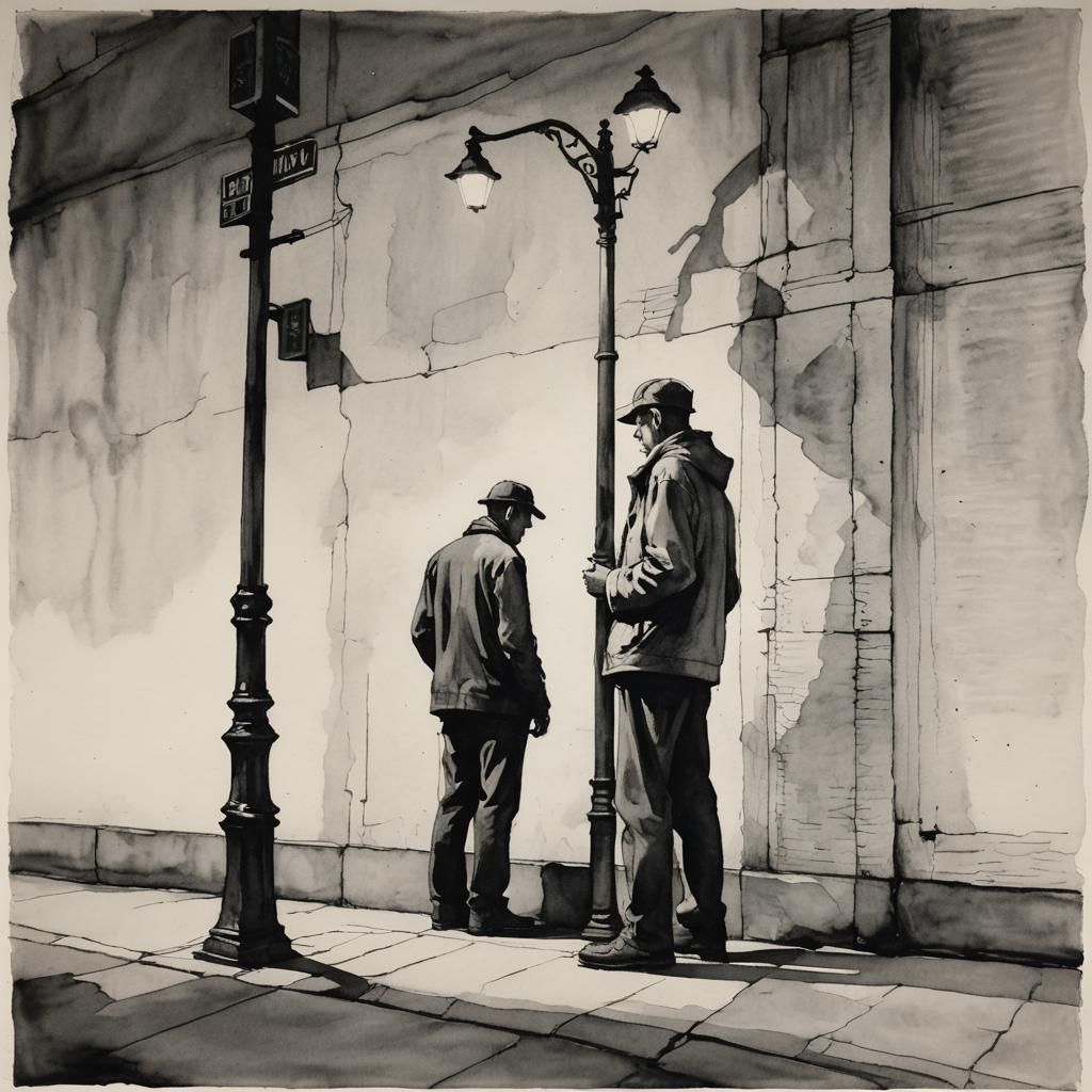 Moody Noir: Man in Black Ink Under Streetlight