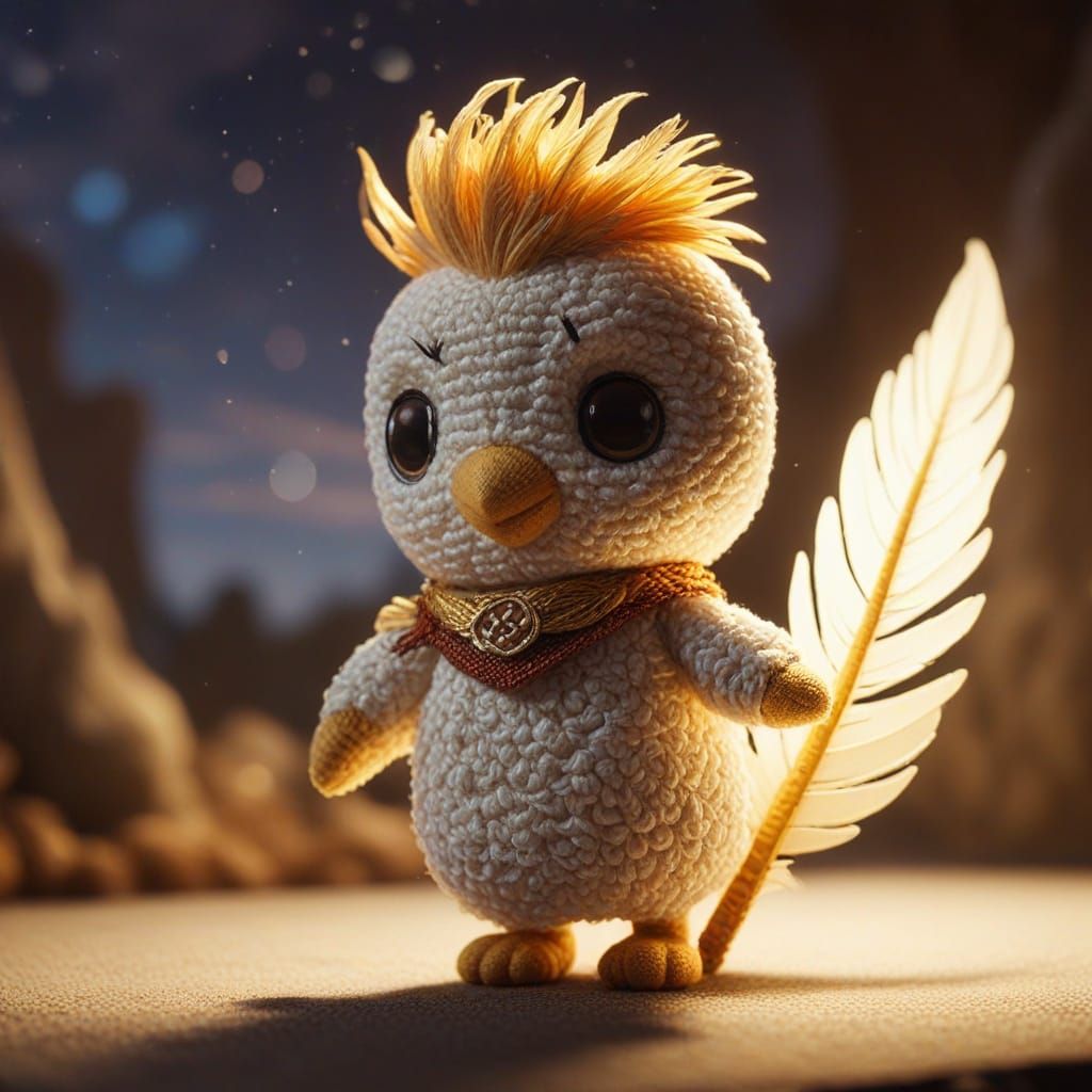 Golden Firebird Soars in Magical Crocheted Forest