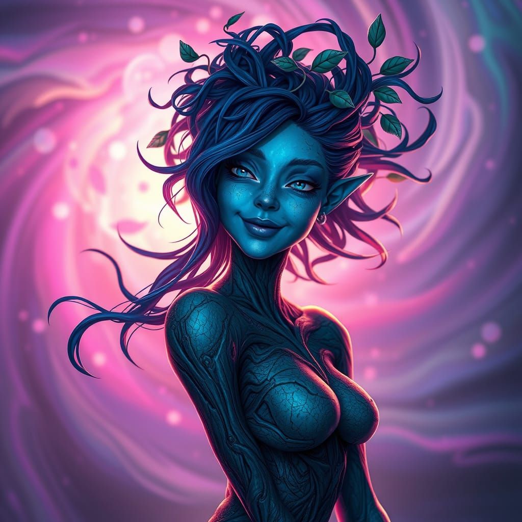 Blue Dryad Sylvari in Whimsical Hyperrealism