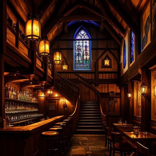 Medieval Witchy Tavern Interior with Stained Glass