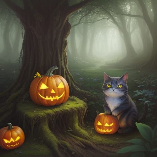 Whimsical Witch Cat and Gnome Pumpkin in Forest Clearing