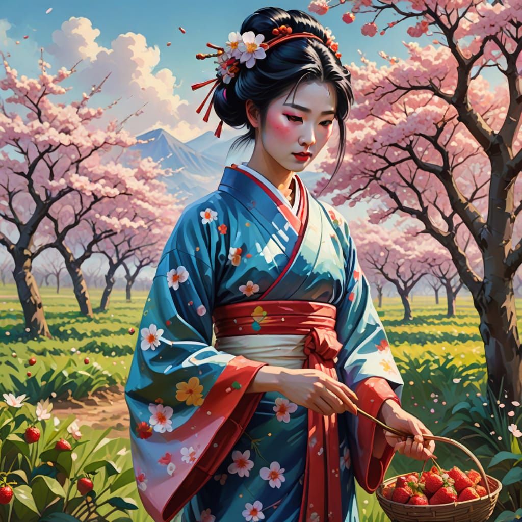 Geisha Strawberry Picking: Impressionist Anime Art