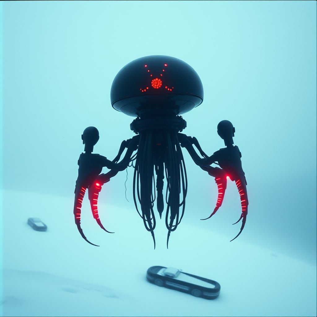 Cinematic Hovering Mechanical Jellyfish Droid Over Snow