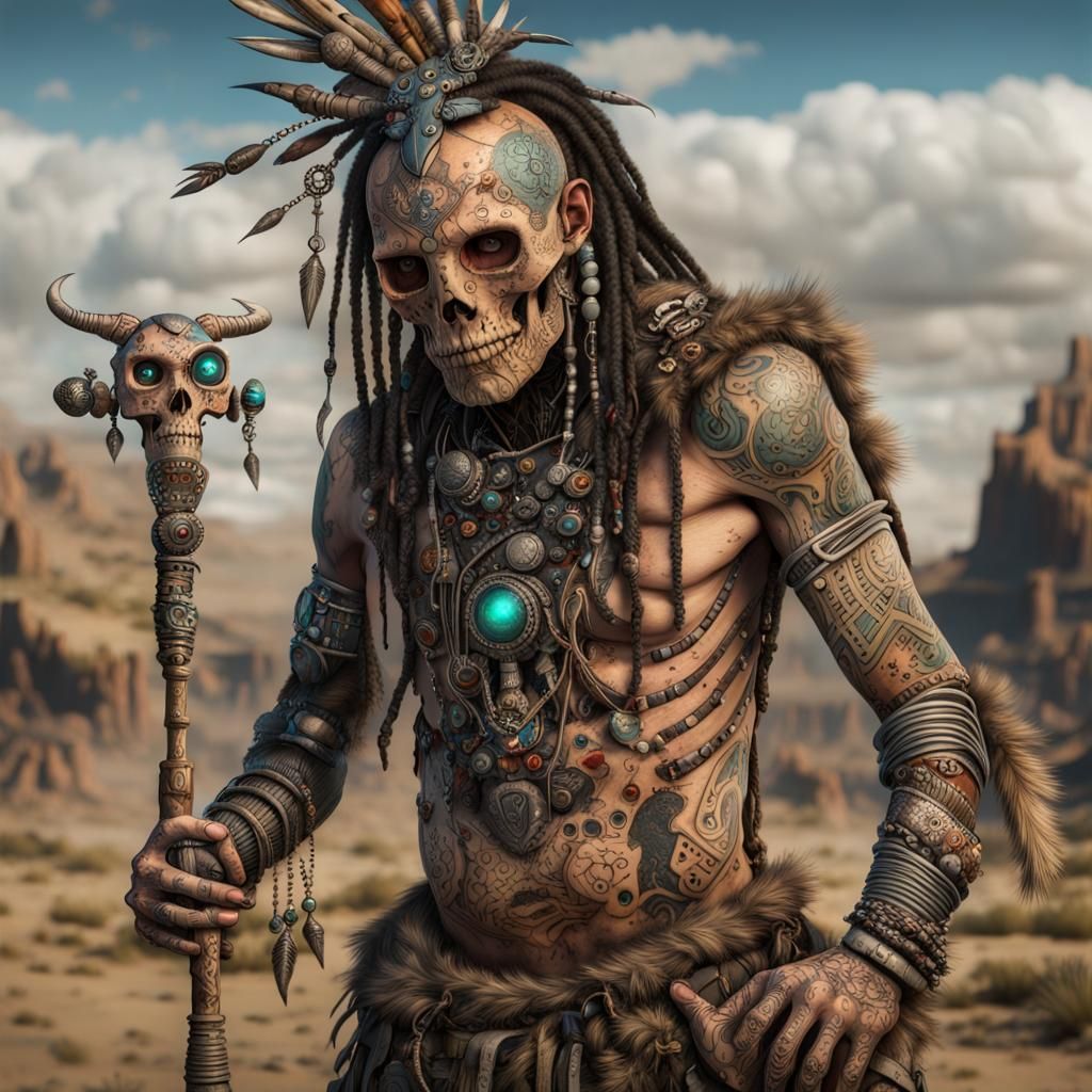 Cyborg Shaman with Metal Staff in Prehistoricore Style