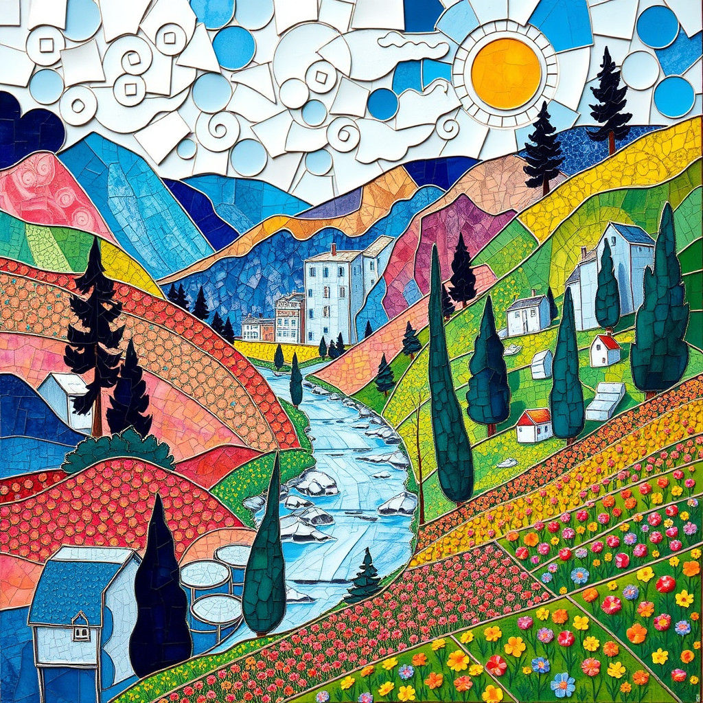 Whimsical Valley Mosaic Inspired by Art Nouveau