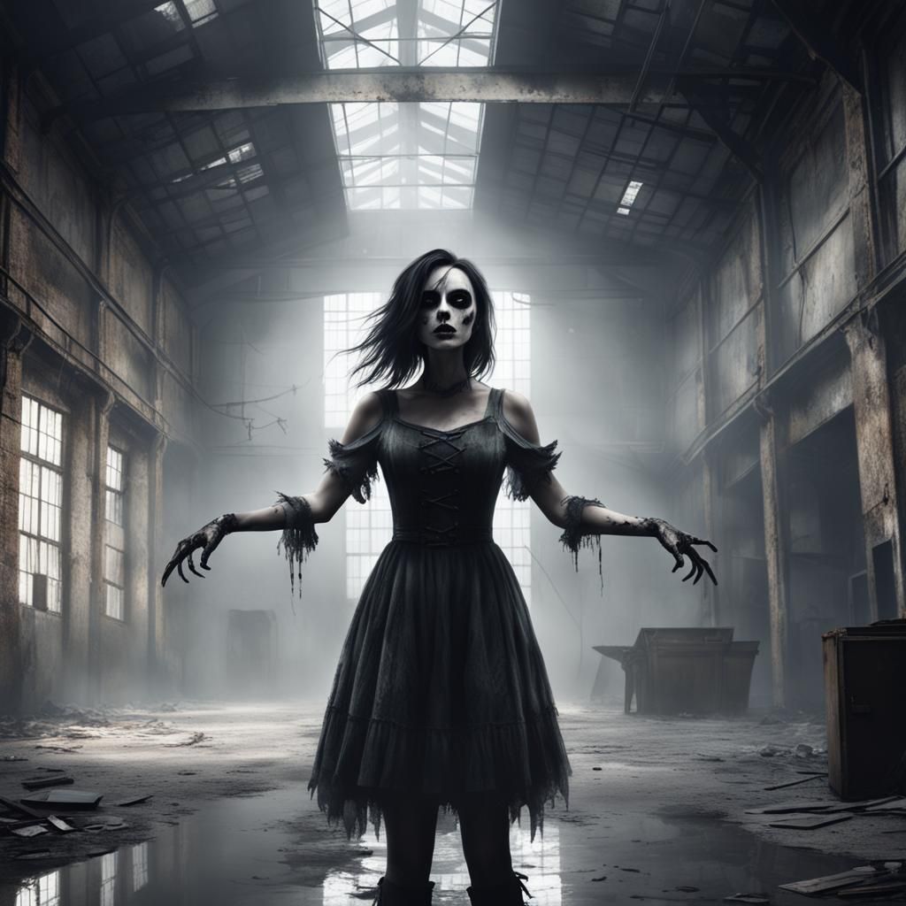 Macabre Warehouse Mirror Scene with Frightened Girl