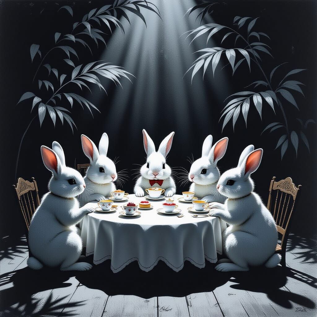 Rabbits Hold Secret Tea Meeting in Noir Style