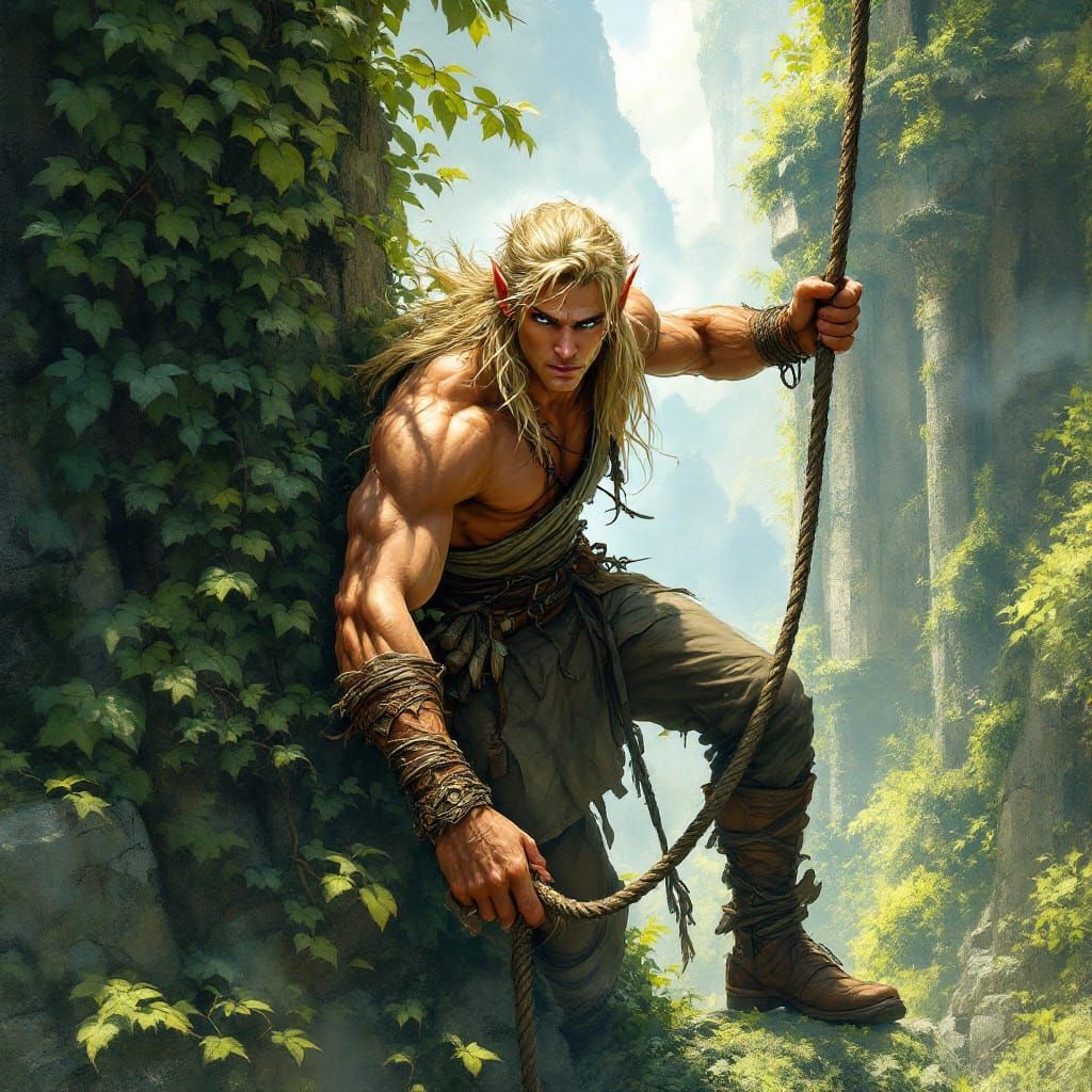 Ethereal Elven Adventurer Climbs Ancient Temple