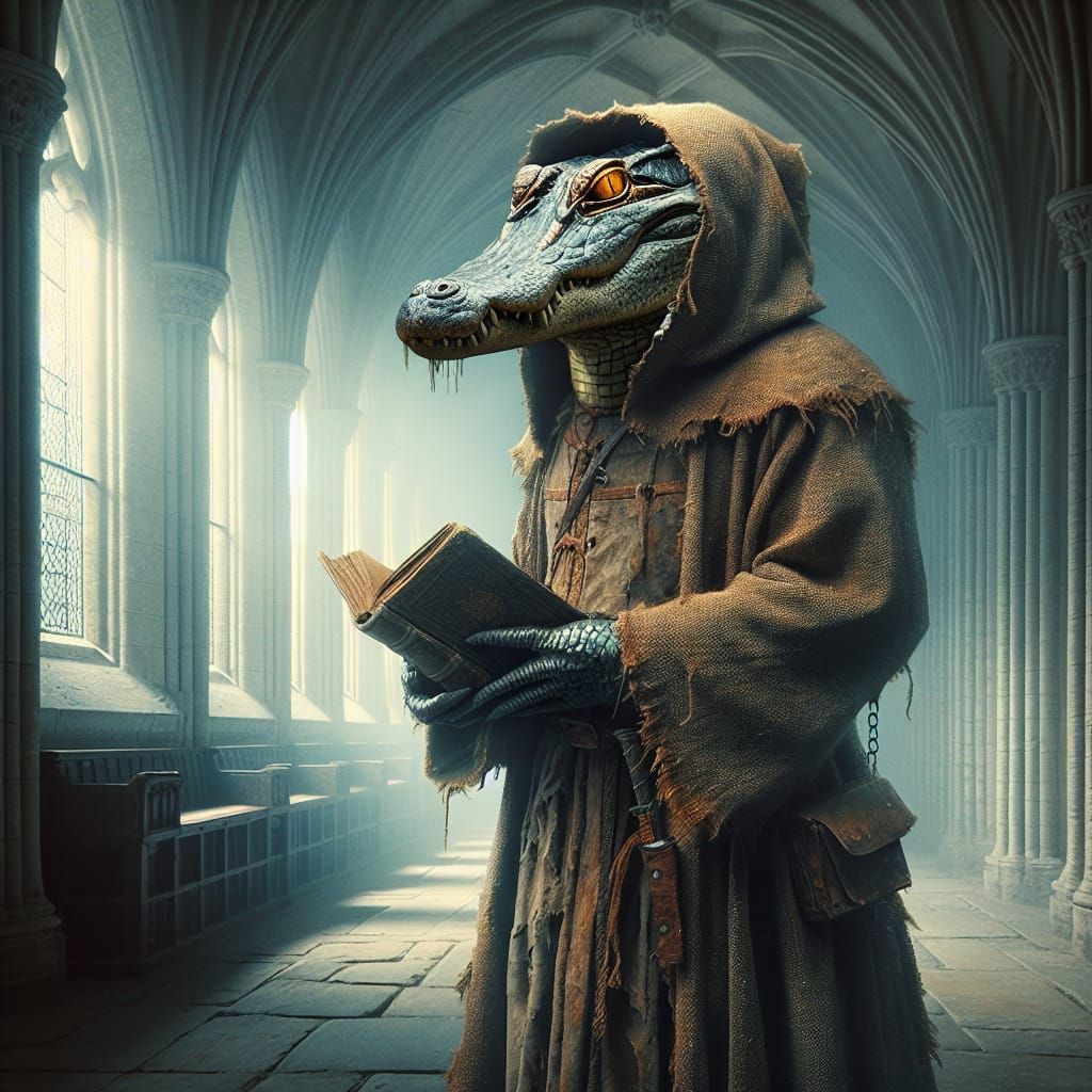 Humanoid Alligator Monk in Ethereal Oil Painting