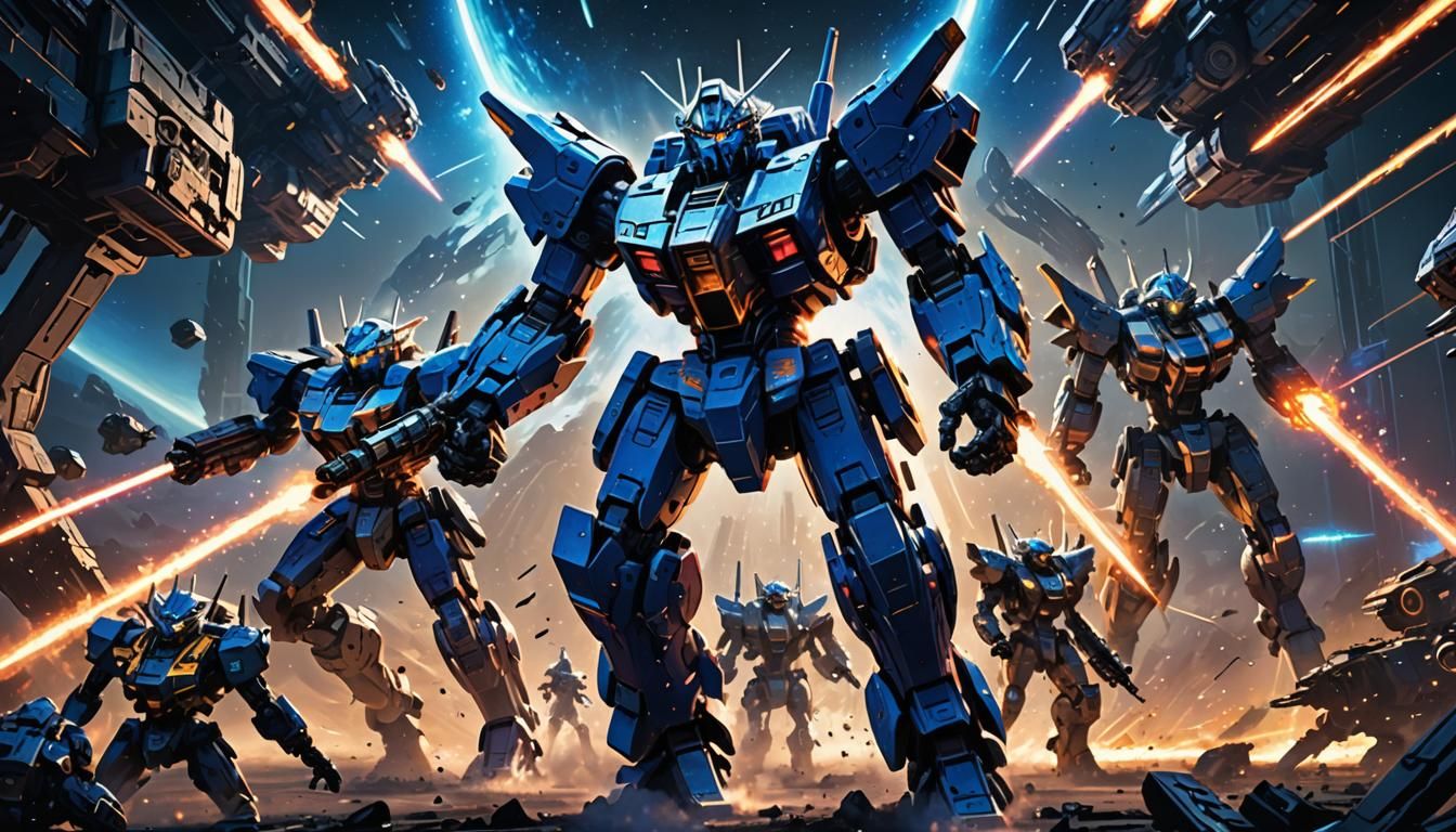 Mechs Clash in Neon-Lit Space Battle