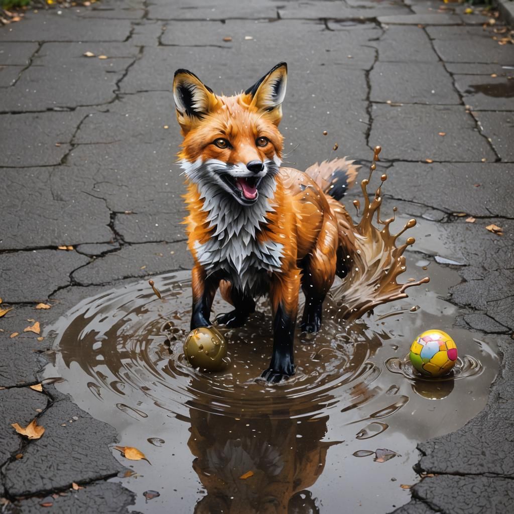 Fox Plays Ball in Puddle: Graffiti Art