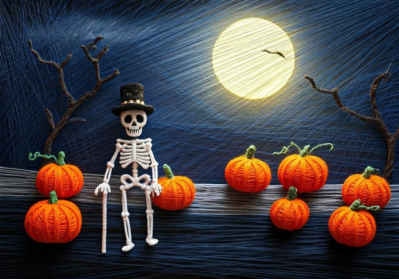 String Art Skeleton in Spooky Pumpkin Patch
