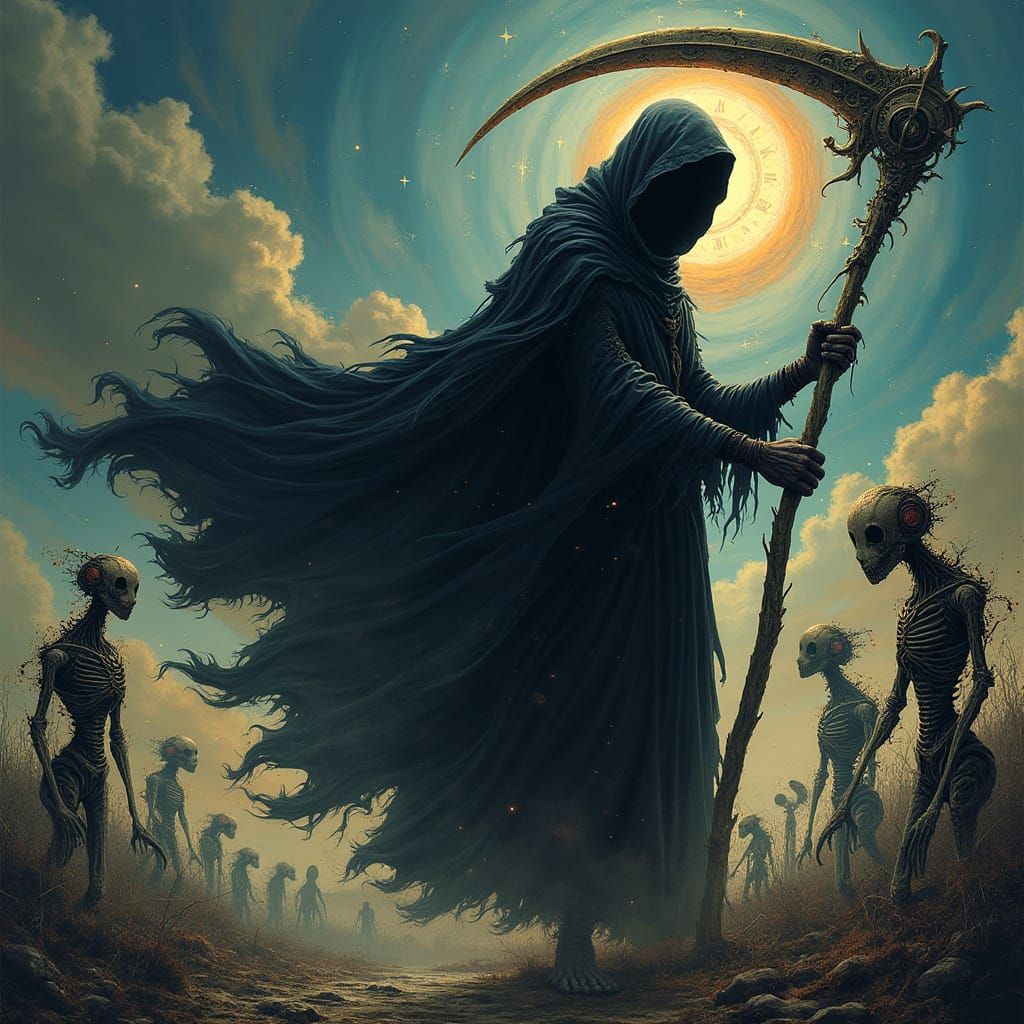 Grim Reaper Confronts the Surreal Tides of Time