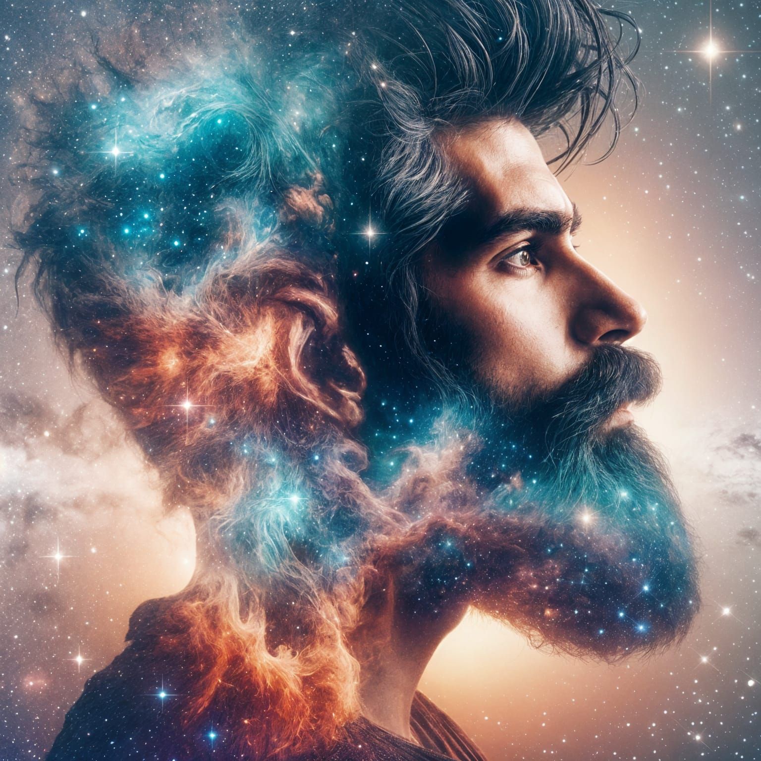 Cosmic Double Exposure: Galactic Man in Digital Art
