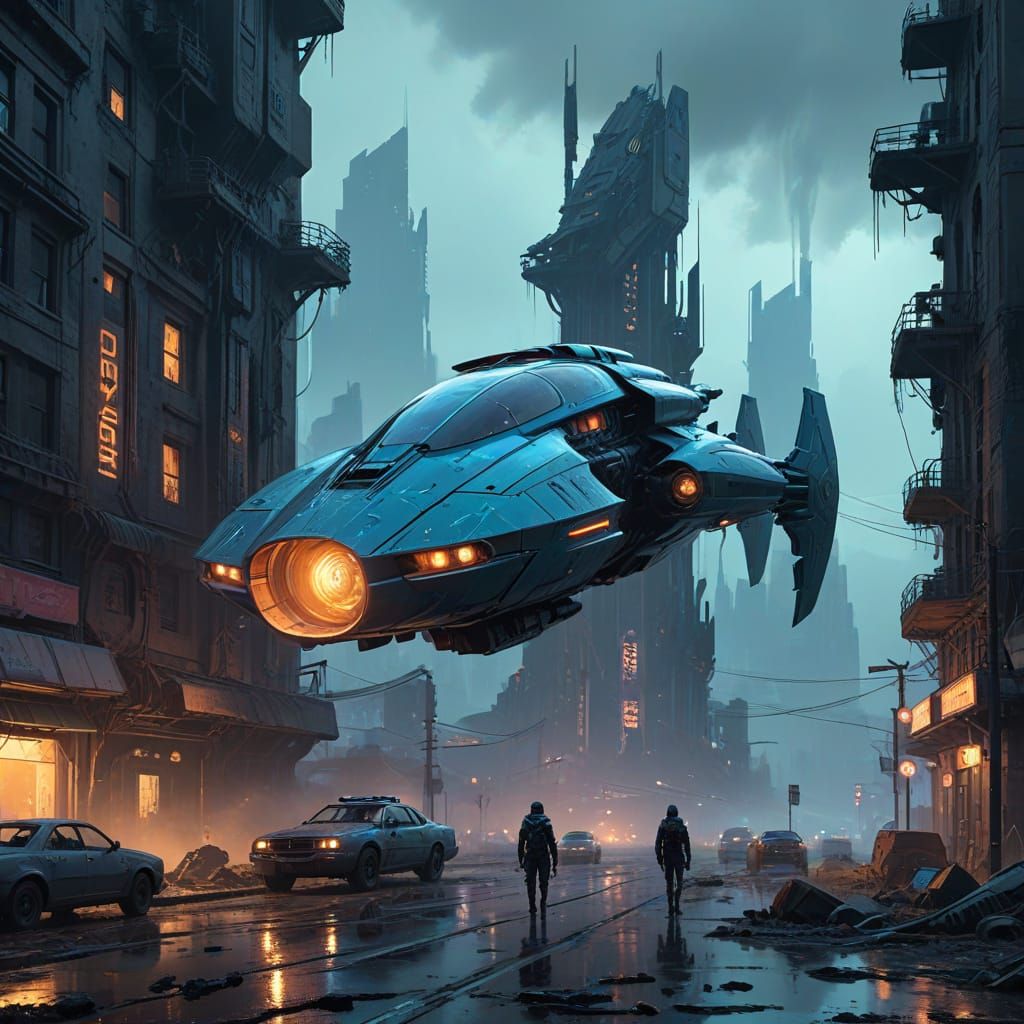 Futuristic Bioluminescent Vehicle in Post-Apocalyptic City
