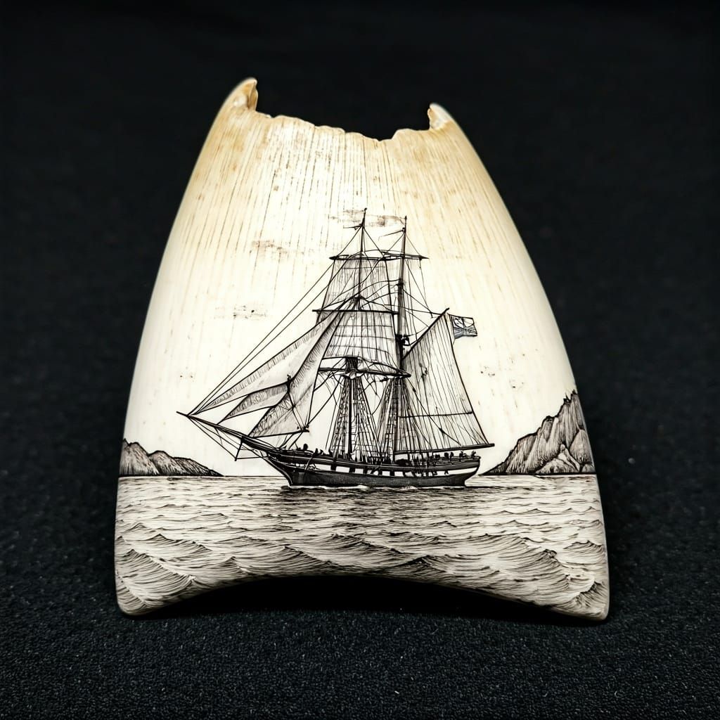 Scrimshaw Sailing Ship on Whale Tooth