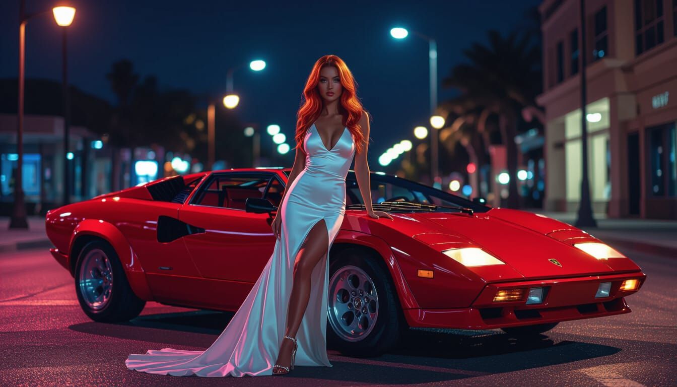 Amber Haired Woman in White Dress With Lamborghini Countach