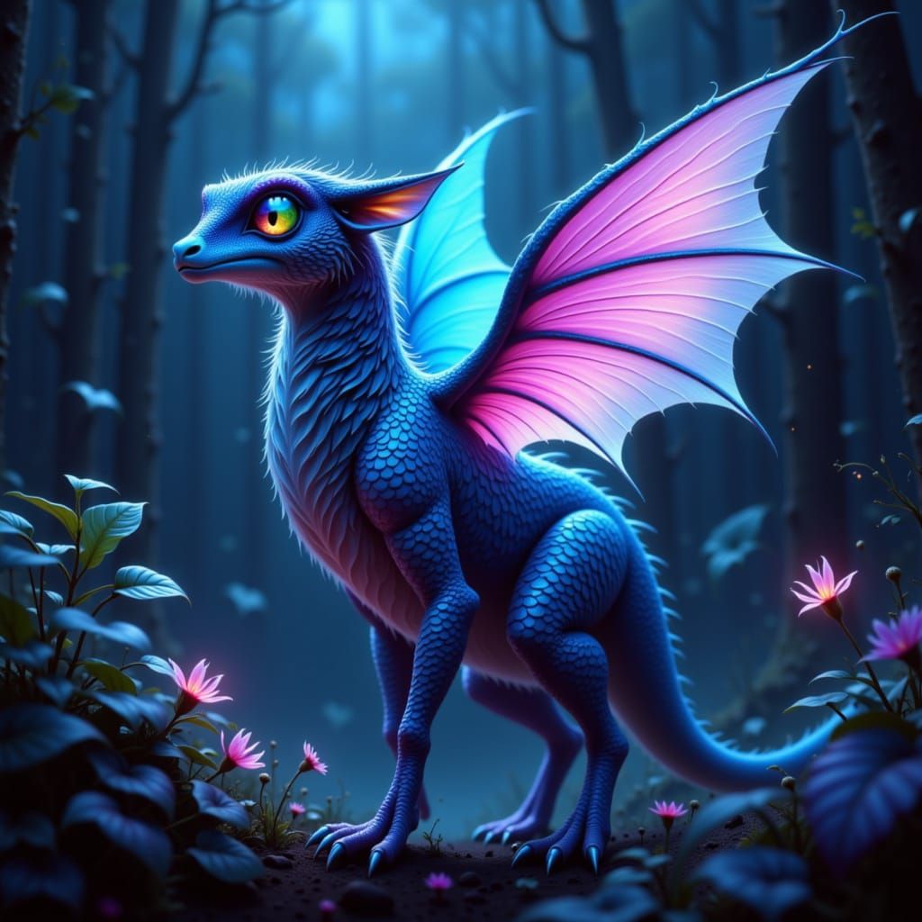 Fantastical Creature in Bioluminescent Forest Digital Painti...