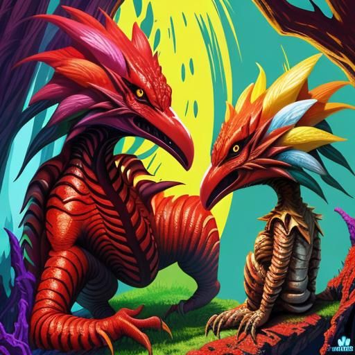 Creature and Sister in Vibrant Fantasy Landscape