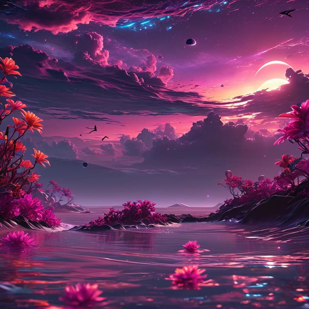 Neon Alien Ocean with Tropical Flowers