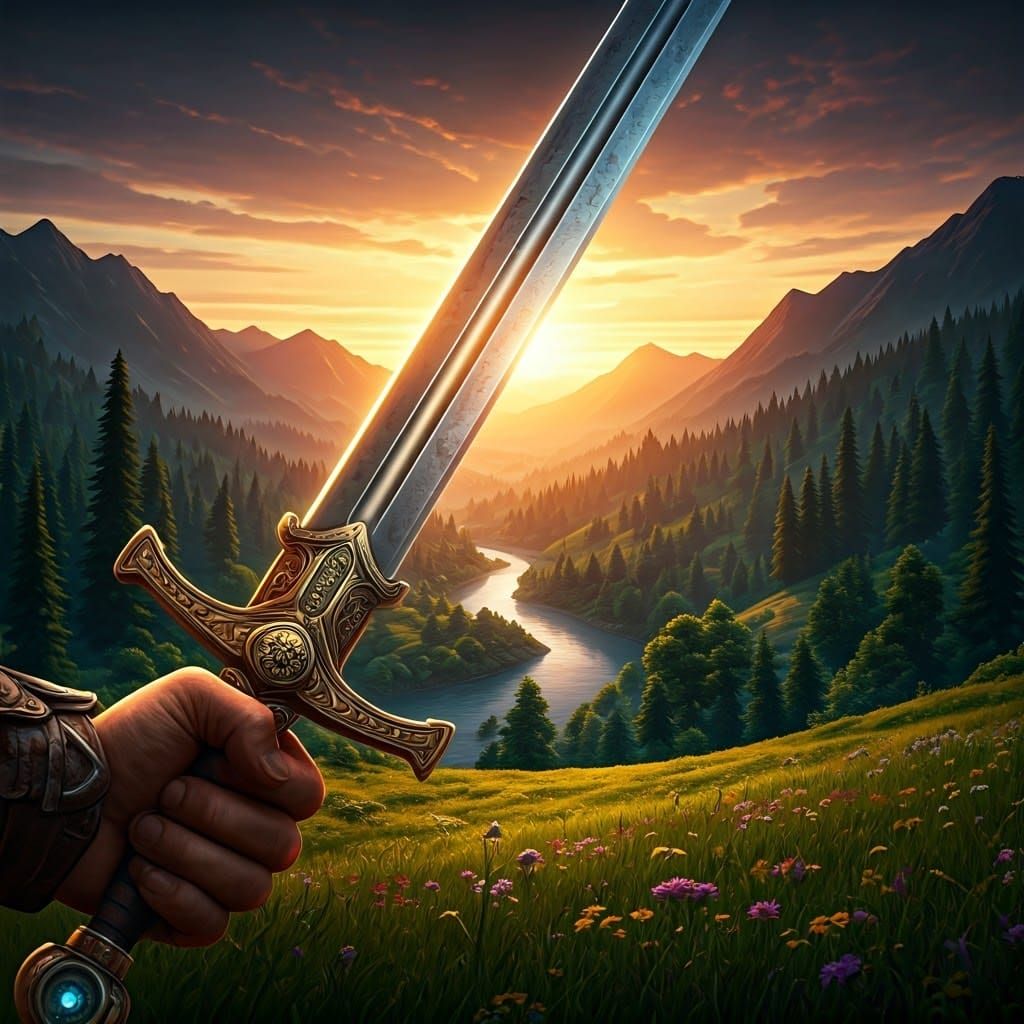 Sword Gleams at Sunset Over Emerald Meadows