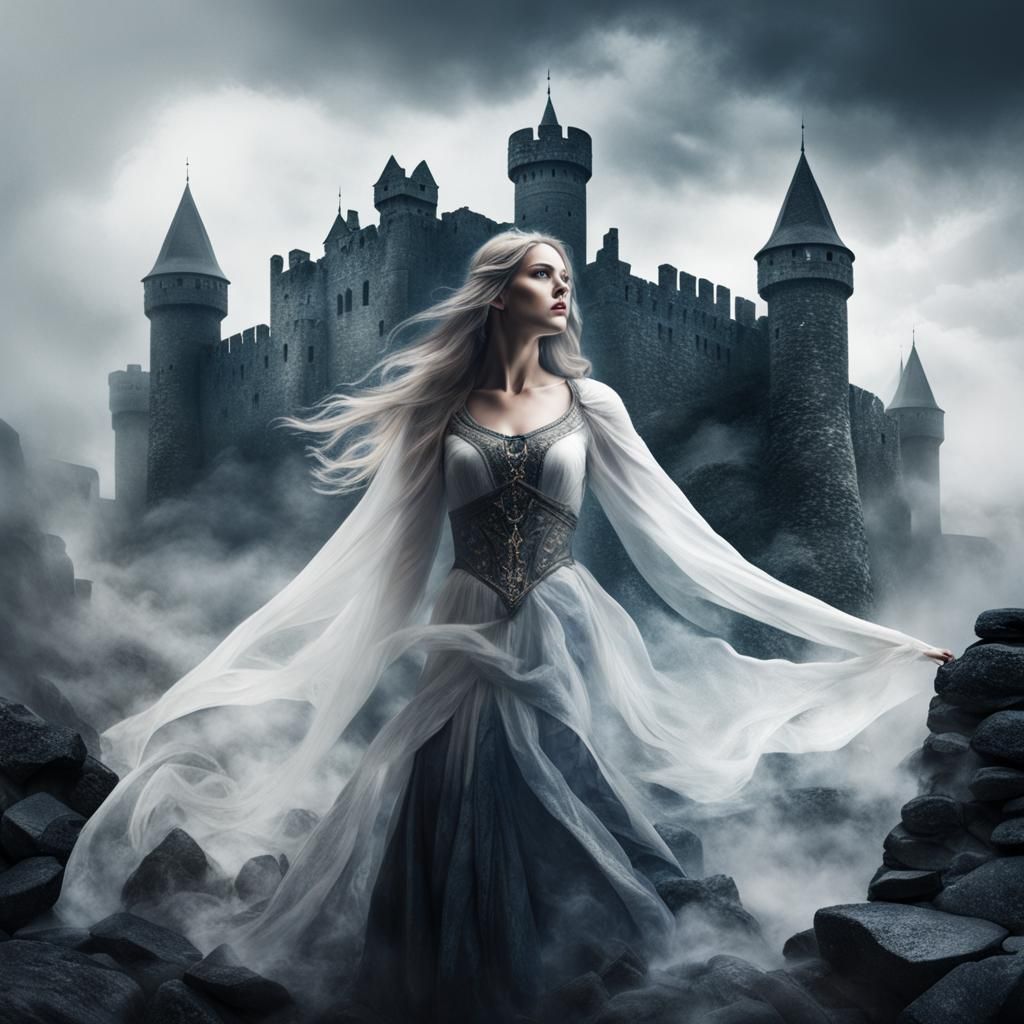 Ethereal Maiden Overlays Dark Castle in Waterhouse Style