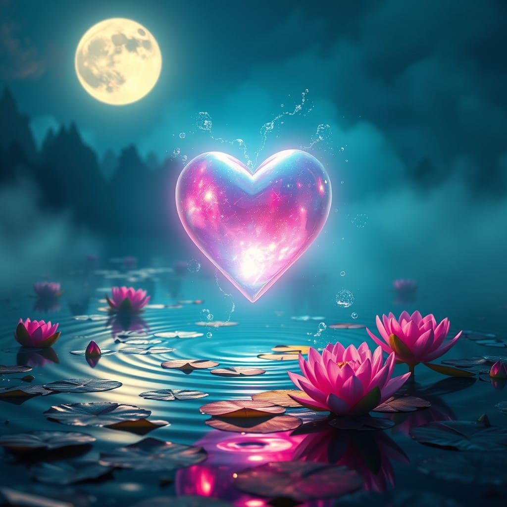 A Glowing Heart Suspended in a Serene, Moonlit Lake